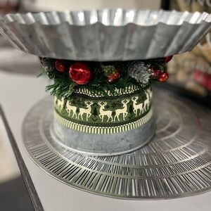 11.5” Farmhouse galvanize cake or cupcake stand. detailed with Christmas decor.